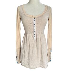 Free People XS Long Sleeve Embroidered Slit Cuffs Snap Front Button Henley Tunic